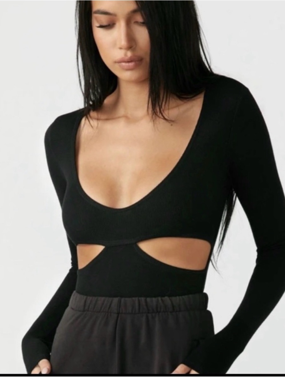 Joah Brown Black Long-Sleeve Cutout Scoop Neck Women's Top